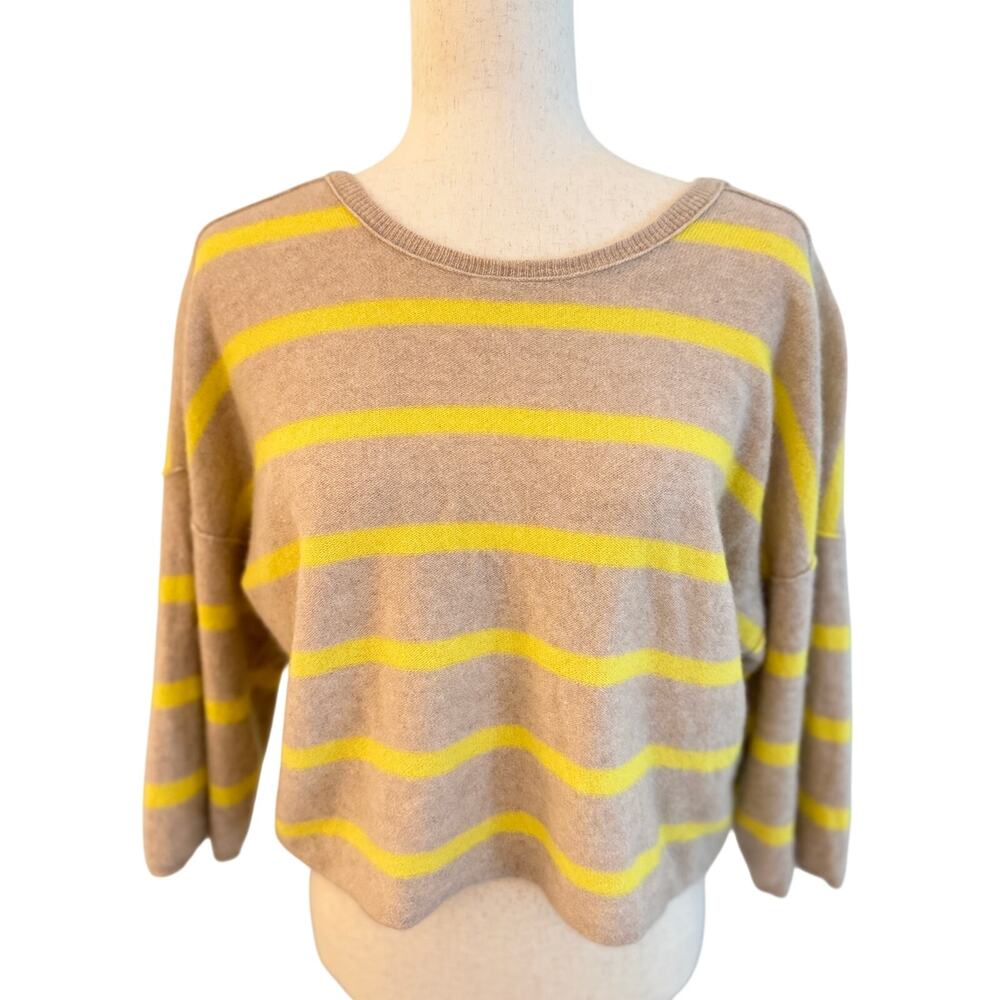 Anthropologie Cashmere Wool Striped Cropped Sweater Beige Yellow